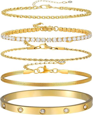 5Pcs Gold Bracelets for Women Trendy,Dainty 14K Real Gold Plated Jewelry Sets for Women,Waterproof,Thin Small Cute Chain Bracelets,Fashion Accessories Jewelry Gifts for Women Adjustable 7"+2" in Saudi Arabia