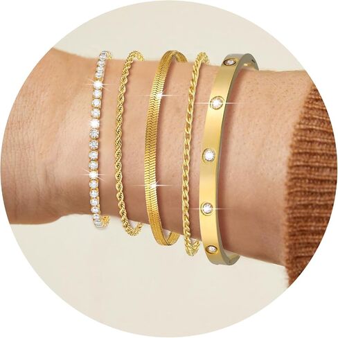 5Pcs Gold Bracelets for Women Trendy,Dainty 14K Real Gold Plated Jewelry Sets for Women,Waterproof,Thin Small Cute Chain Bracelets,Fashion Accessories Jewelry Gifts for Women Adjustable 7"+2" in Saudi Arabia
