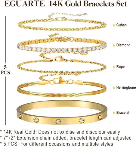 5Pcs Gold Bracelets for Women Trendy,Dainty 14K Real Gold Plated Jewelry Sets for Women,Waterproof,Thin Small Cute Chain Bracelets,Fashion Accessories Jewelry Gifts for Women Adjustable 7"+2" in Saudi Arabia