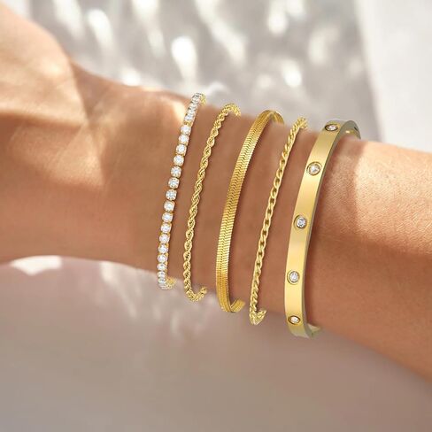 5Pcs Gold Bracelets for Women Trendy,Dainty 14K Real Gold Plated Jewelry Sets for Women,Waterproof,Thin Small Cute Chain Bracelets,Fashion Accessories Jewelry Gifts for Women Adjustable 7"+2" in Saudi Arabia