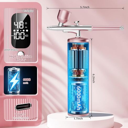 Airbrush Kit with Compressor - 48PSI High Pressure, Non-Clogging Air Brush Set, 6000 mAh Extra Long Standby, Ideal for Painting, Modeling, Cake Decorating, Pastry, Makeup and Nail Art in Saudi Arabia