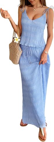 Women Y2K Maxi Skirt 2 قطعة مجموعة مثيرة سباغيتي التعادل حزام كامي أعلى تدفق فستان طويل اللباس ملابس الصيف in Kuwait