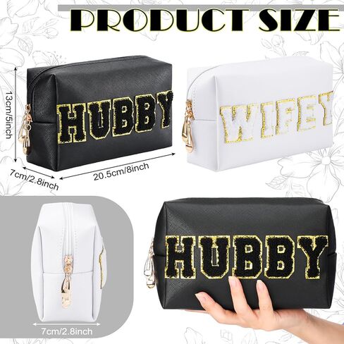Pinkunn 2 pcs زوجة زوجة Hubby حقيبة العروس رقعة التجميل كيس MRS حماية الأزياء المحفظة أبيض رسالة بو الجلود المقاومة للماء الزفاف الزفاف دش هدية شهر العسل للنساء منظم الحفلات in Saudi Arabia