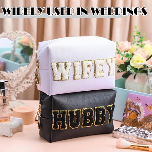 Pinkunn 2 pcs زوجة زوجة Hubby حقيبة العروس رقعة التجميل كيس MRS حماية الأزياء المحفظة أبيض رسالة بو الجلود المقاومة للماء الزفاف الزفاف دش هدية شهر العسل للنساء منظم الحفلات in Saudi Arabia