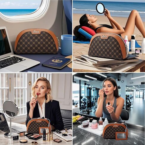 BOYATU Small Makeup Bag for Purse: Cute Cosmetic Bag with Mirror - Waterproof Vegan Leather Make up Bags for Women - Fashion Makeup Pouch for Party (010-coffee) in Kuwait