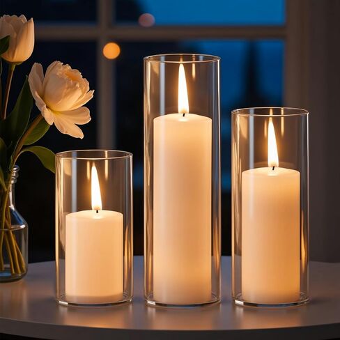 12 PCS White Pillar Candles with Glass Candle Holders Clear Hurricane Candle Holders Glass Cylinder Vases for Centerpieces Wedding Party, Event, Home Office in Saudi Arabia