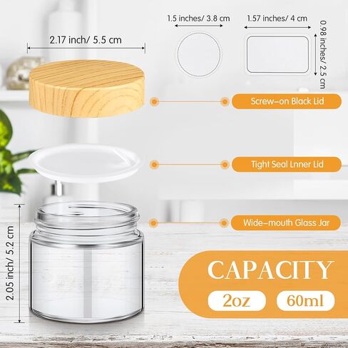 Layhit 24 PCS الجرار الزجاجية مع أغطية صافية الجرار الصغيرة مع أغطية خشبية بلاستيكية ، ملصقات بيضاء وبطانات داخلية حاويات مستحضرات تجميل داخلية للكريمات صنع شمعة المسحوق (2oz/ 60 مل) in Kuwait