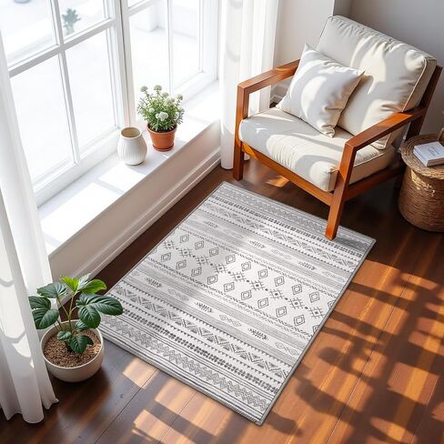 Terrug Boho Area Rug for Living Room, Grey 5x7 Washable Rugs with Non Slip Backing for Bedroom, Soft Geomtric Stain Resistant Moroccan Carpet for Dining Room Floor Decor in Saudi Arabia