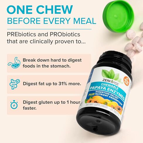 إنزيمات البابايا الصحية من زينوايز قابلة للمضغ مع الإنزيمات الهضمية والبروميلين لصحة الجهاز الهضمي وتخفيف الانتفاخ للنساء والرجال، إنزيمات للهضم وصحة الأمعاء - 30 قيراط in Kuwait