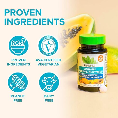 إنزيمات البابايا الصحية من زينوايز قابلة للمضغ مع الإنزيمات الهضمية والبروميلين لصحة الجهاز الهضمي وتخفيف الانتفاخ للنساء والرجال، إنزيمات للهضم وصحة الأمعاء - 30 قيراط in Kuwait