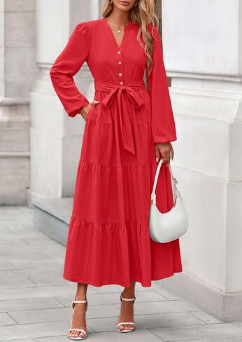 Prettygarden نساء 2025 فول بوهو ماكسي فساتين طويلة الأكمام الخامسة رقبة كشكش خط طويل تدفق مع جيوب in Kuwait
