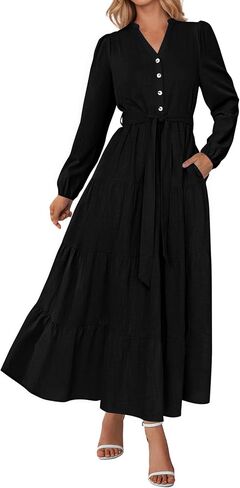 PRETTYGARDEN Women's 2025 Fall Boho Maxi Dresses Long Sleeve V Neck Belted Ruffle A Line Long Flowy Dress with Pockets in Saudi Arabia