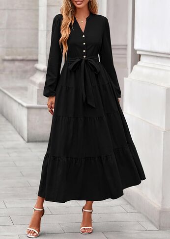 PRETTYGARDEN Women's 2025 Fall Boho Maxi Dresses Long Sleeve V Neck Belted Ruffle A Line Long Flowy Dress with Pockets in Saudi Arabia