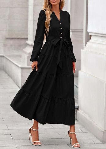 PRETTYGARDEN Women's 2025 Fall Boho Maxi Dresses Long Sleeve V Neck Belted Ruffle A Line Long Flowy Dress with Pockets in Saudi Arabia