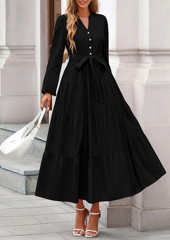 PRETTYGARDEN Women's 2025 Fall Boho Maxi Dresses Long Sleeve V Neck Belted Ruffle A Line Long Flowy Dress with Pockets in Saudi Arabia