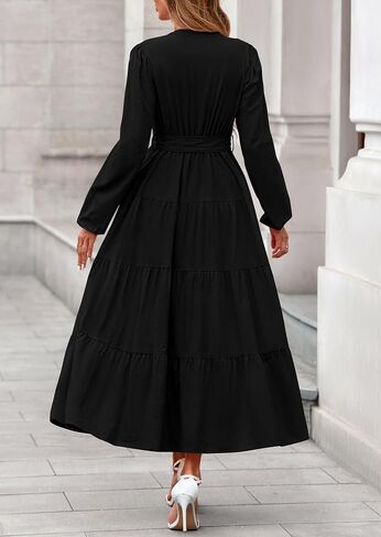 PRETTYGARDEN Women's 2025 Fall Boho Maxi Dresses Long Sleeve V Neck Belted Ruffle A Line Long Flowy Dress with Pockets in Saudi Arabia