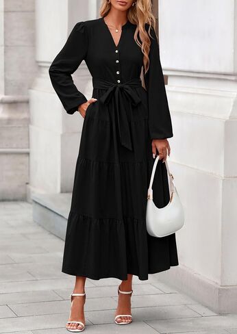 PRETTYGARDEN Women's 2025 Fall Boho Maxi Dresses Long Sleeve V Neck Belted Ruffle A Line Long Flowy Dress with Pockets in Saudi Arabia
