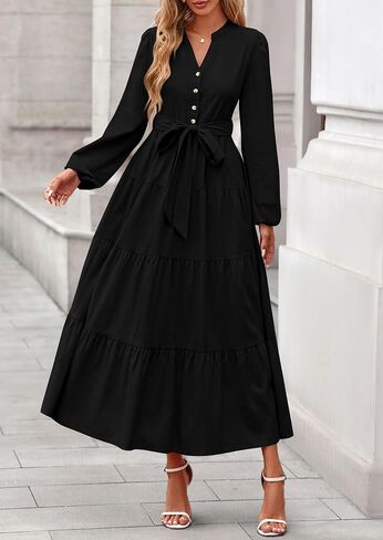 PRETTYGARDEN Women's 2025 Fall Boho Maxi Dresses Long Sleeve V Neck Belted Ruffle A Line Long Flowy Dress with Pockets in Saudi Arabia