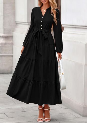 PRETTYGARDEN Women's 2025 Fall Boho Maxi Dresses Long Sleeve V Neck Belted Ruffle A Line Long Flowy Dress with Pockets in Saudi Arabia
