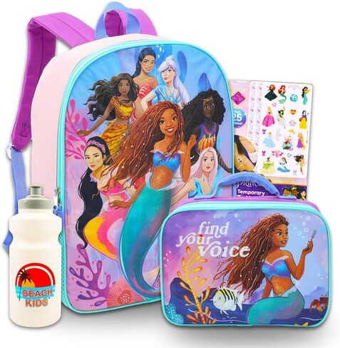 The Little Mermaid Backpack with Lunch Bag Set - Bundle of 16" Ariel Bag, Lunch Box, Bottle, More | Little Mermaid School Supplies for Kids in Saudi Arabia