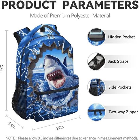 Boys School Backpack for Kindergarten - 17 Inches Shark Bookbag for School, Travel - Shark Backpacks for Kids, Teens in Saudi Arabia
