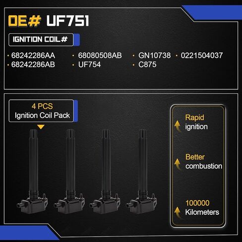 حزم ملفات الإشعال UF751 لعام 2014-2019 Chrysler 200/Dodge Dart/Jeep Cherokee Renegade/Ram Promaster City/Fiat 500x 2.4L L4 استبدال# 68242286AA ، 68242286AB ، 68080508AB ، UF754 ، GN10738 in Saudi Arabia