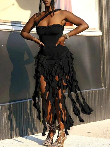 Women's Summer Sexy Strapless Bodycon Dress Midi Ruffles Slit Party Cocktail Gown Stylish Outfit New Year Valentine's Day in Saudi Arabia