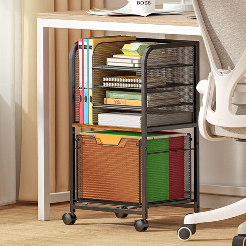 6-Tier Rolling File Cart with 2 Drawers, File Cabinet Organizer for Hanging File Folders, Letter-Size File Storage with Wheels, Multi-Layer Mobile Filing Cabinet for Office and Home in Kuwait