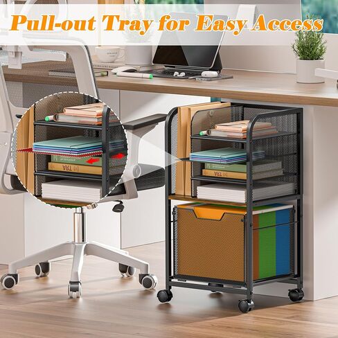 6-Tier Rolling File Cart with 2 Drawers, File Cabinet Organizer for Hanging File Folders, Letter-Size File Storage with Wheels, Multi-Layer Mobile Filing Cabinet for Office and Home in Kuwait