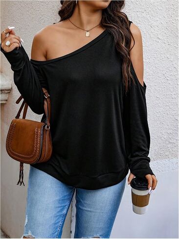 WDIRARA Women's Plus Size Off the Shoulder Sweatshirt Cut Out Long Sleeve Pullover Tops in Saudi Arabia