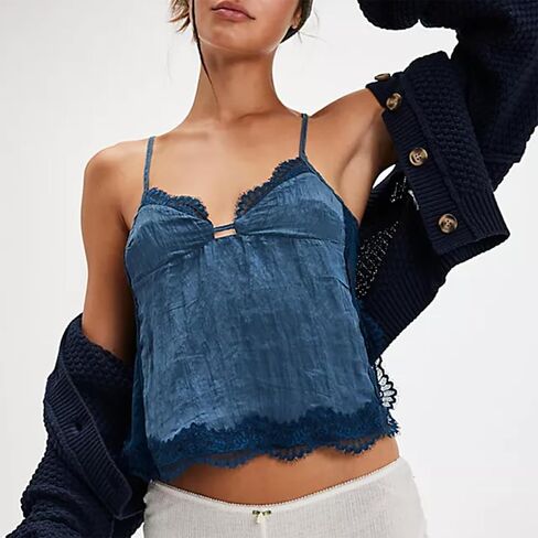 Women Lace Trim Cami Spaghetti Strap Deep V Neck Tie Back Slim Fit Basic Going Out Tank Tops Camisole Streetwear in Kuwait