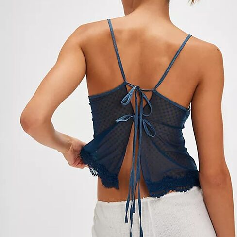 Women Lace Trim Cami Spaghetti Strap Deep V Neck Tie Back Slim Fit Basic Going Out Tank Tops Camisole Streetwear in Kuwait