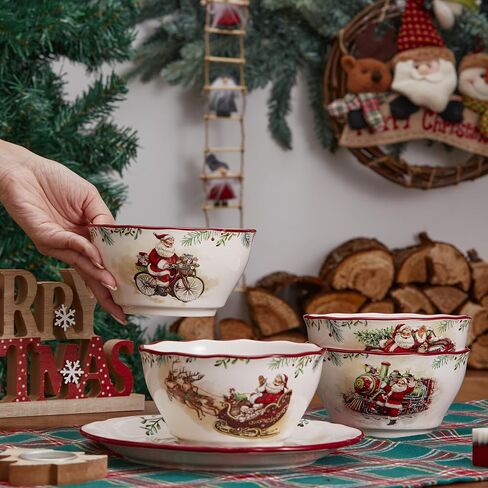 Bico Christmas Gnomes 29oz Ceramic Cereal Bowls, Set of 4, for Pasta, Salad, Cereal, Soup & Microwave & Dishwasher Safe in Kuwait