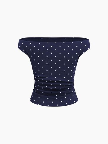قمم دبابات عصير التفاح للنساء قبالة الكتف Polka Dot ruched knit Top Cute Sleeve Shore Tops Out Out Out Tops in Kuwait