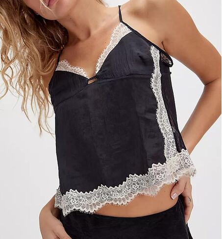 Women Lace Trim Cami Spaghetti Strap Deep V Neck Tie Back Slim Fit Basic Going Out Tank Tops Camisole Streetwear in Kuwait