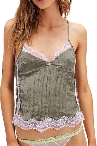 Women Lace Trim Cami Spaghetti Strap Deep V Neck Tie Back Slim Fit Basic Going Out Tank Tops Camisole Streetwear in Kuwait