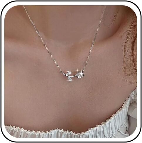 Vintage Tulip Flower Necklace With Rhinestone Pendant - Crystal Choker Gold Small Chain Jewelry for Women in Saudi Arabia