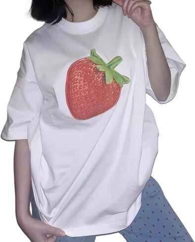 Cute Strawberry Beach Shirts Oversized Graphic Tees Women Short Sleeve Y2k Summer Tops 2000s Aesthetic Preppy Clothes in Saudi Arabia