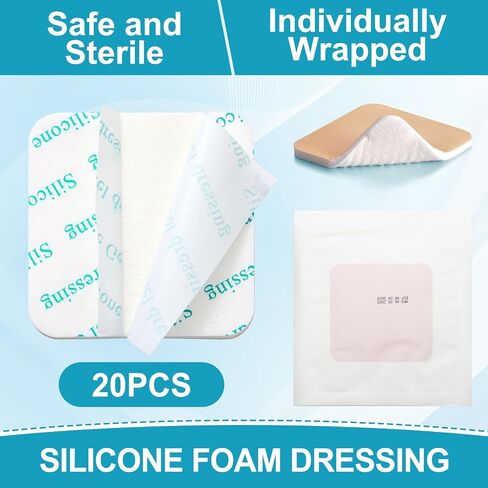 Geiserairailie 20 PCS Silicone Foam Dressing بدون حدود ضمادات لاصق ممتصة للغاية غير محدودة لخوض سرير العناية بالجروح قرحة الساق قرحة السكري (4 × 4 بوصات) in Saudi Arabia