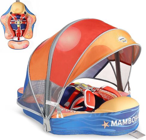 Mambobaby Baby Pool Float with Canopy, Non-Inflatable Infant Baby Swim Float Trainer with Safe Seat & Tail Support for Toddler, Mambo Baby Float Solid UPF 50+ Sun Protection in Saudi Arabia