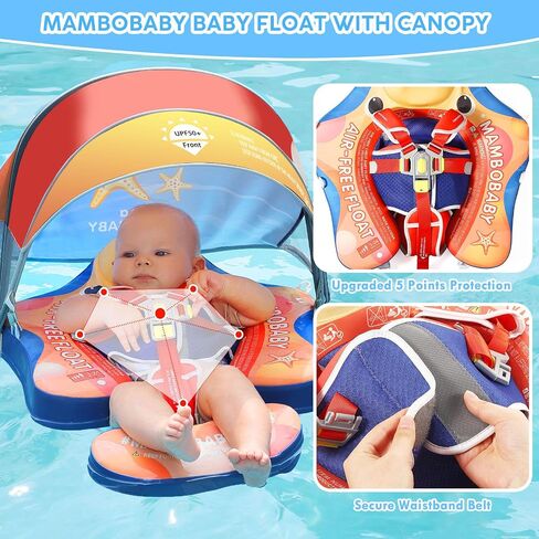 Mambobaby Baby Pool Float with Canopy, Non-Inflatable Infant Baby Swim Float Trainer with Safe Seat & Tail Support for Toddler, Mambo Baby Float Solid UPF 50+ Sun Protection in Saudi Arabia