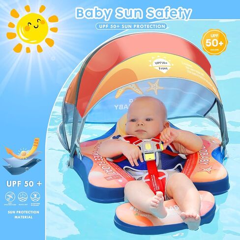 Mambobaby Baby Pool Float with Canopy, Non-Inflatable Infant Baby Swim Float Trainer with Safe Seat & Tail Support for Toddler, Mambo Baby Float Solid UPF 50+ Sun Protection in Saudi Arabia