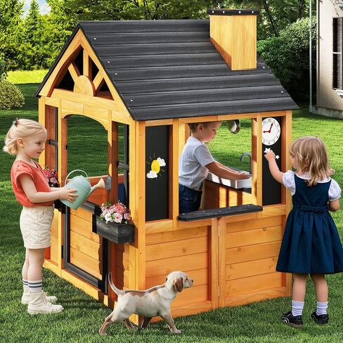 Jocoevol Kids Outdoor Playhouse, Cedar Wooden Kids Playhouse with Play Kitchen, Pet Door, Sink, Stove, Cookware, Windows, Flowerpot Holders, Ringing doorbell, Cottage Play House for Backyard in Kuwait