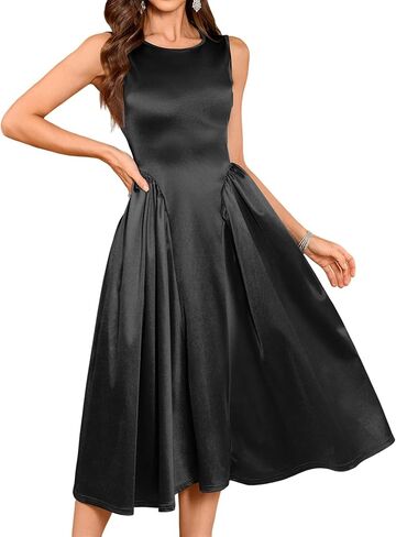 ZAFUL Women's Sleeveless Wedding Guest Satin Dress A-Line Cocktail Party Prom Dress Modest Boat Neck Formal Evening Dress in Saudi Arabia