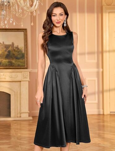 ZAFUL Women's Sleeveless Wedding Guest Satin Dress A-Line Cocktail Party Prom Dress Modest Boat Neck Formal Evening Dress in Saudi Arabia