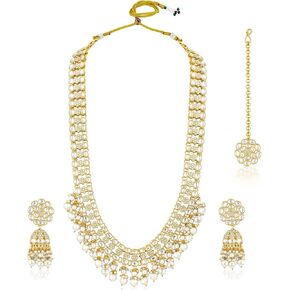 Aheli Kundan & Beads Studded Green Long Necklace Jhumki Earrings Maangtikka Set Ethnic Jewellery for Women in Saudi Arabia