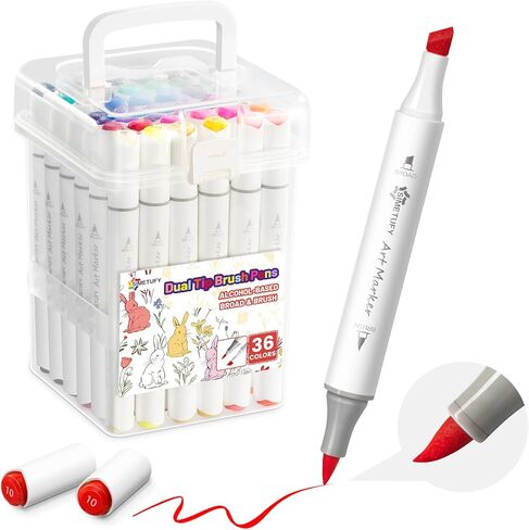 Simetufy 48 Colors Alcohol Markers Brush Tip, Coloring Markers for Adult Coloring Books, Dual Tip Alcohol Markers Brush Tip and Chisel Tip for Coloring, Drawing in Kuwait