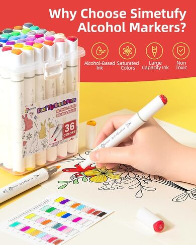Simetufy 48 Colors Alcohol Markers Brush Tip, Coloring Markers for Adult Coloring Books, Dual Tip Alcohol Markers Brush Tip and Chisel Tip for Coloring, Drawing in Kuwait