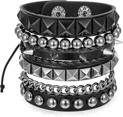 4 PCS Punk Rock Leather Bracelets Sudded Spiked Cuff Cuff Pracelet for Men Women Wristband Ristable Wrap Bangle Button Button Stain stair for Halloween Party Forms. in Kuwait