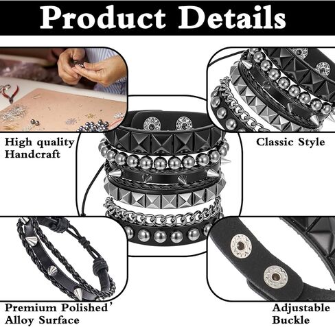 4 PCS Punk Rock Leather Bracelets Sudded Spiked Cuff Cuff Pracelet for Men Women Wristband Ristable Wrap Bangle Button Button Stain stair for Halloween Party Forms. in Kuwait